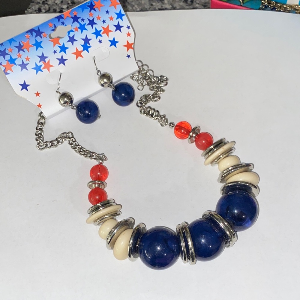 Two Elegant Blue and Red Beaded Necklace and Earring Set